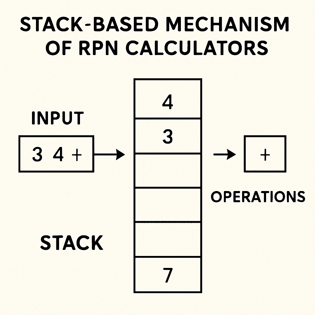 A technical illustration showing the stack-based mechanism of RPN calculators and how reverse Polish notation organizes operations. Diagram of stack-based calculations in RPN calculators, focusing on reverse Polish notation.