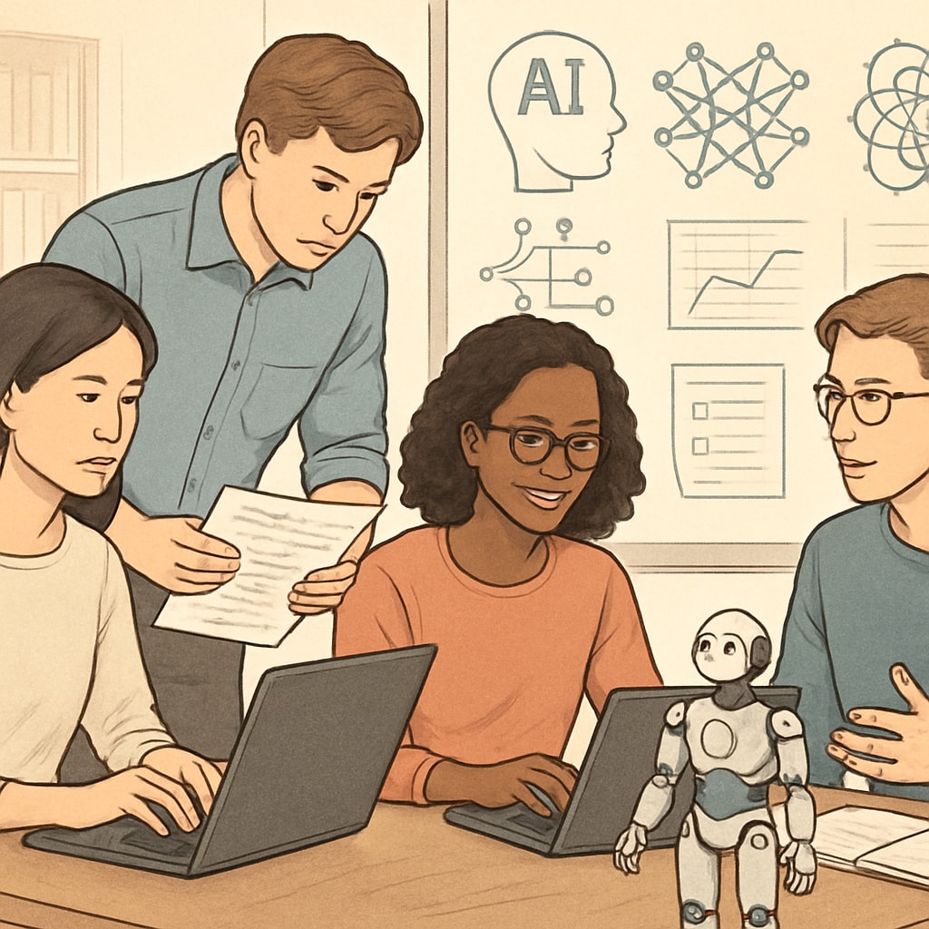 University students collaborating on AI-driven research projects, showcasing teamwork and innovation in higher education settings. The image highlights the role of interdisciplinary studies in preparing for AI-related careers. University students collaborating on AI-driven research projects