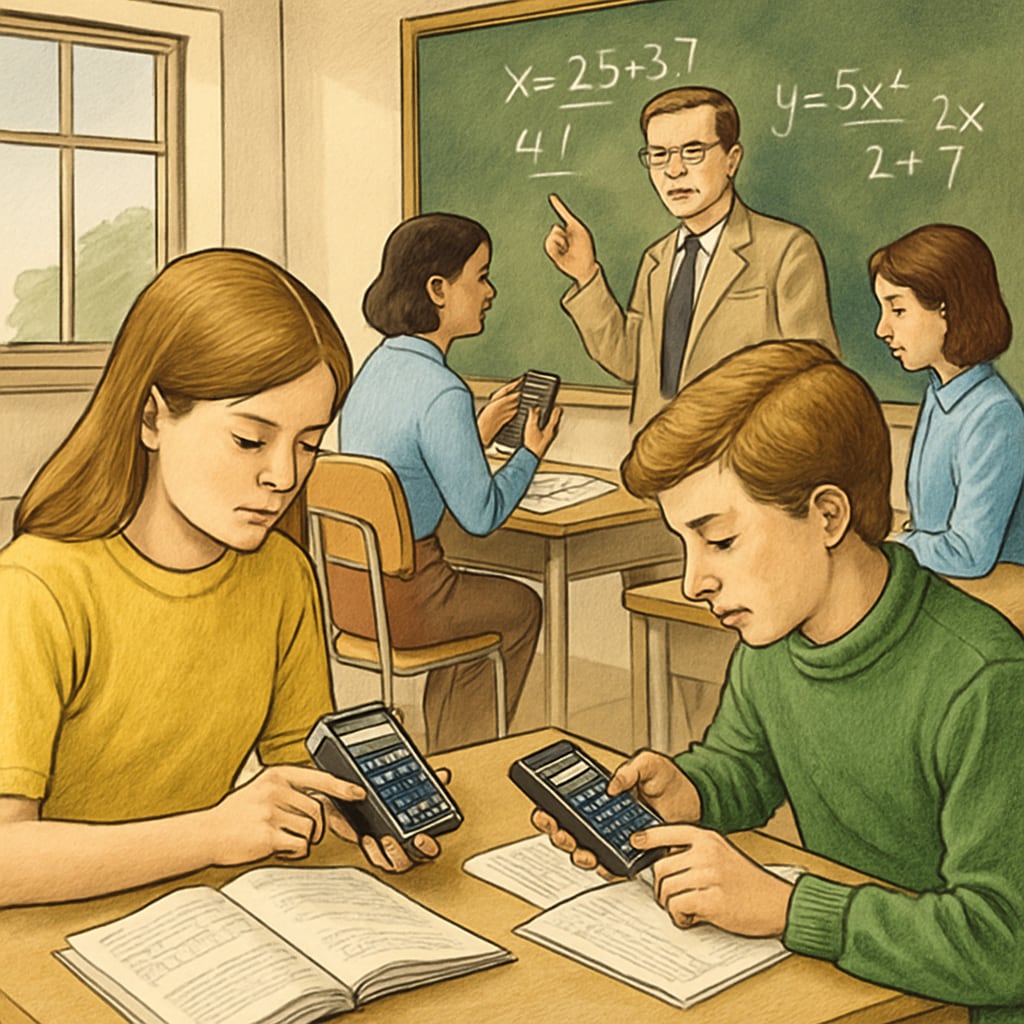 A classroom setting showing students actively using RPN calculators during a math lesson. Students using RPN calculators during a math lesson in a modern classroom.