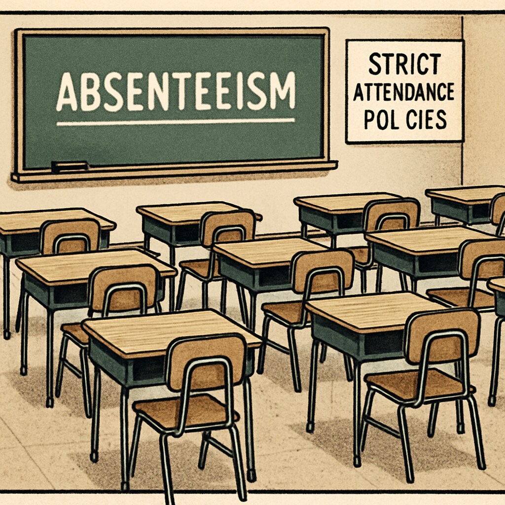 Empty desks in a classroom highlighting absenteeism and strict attendance rules.