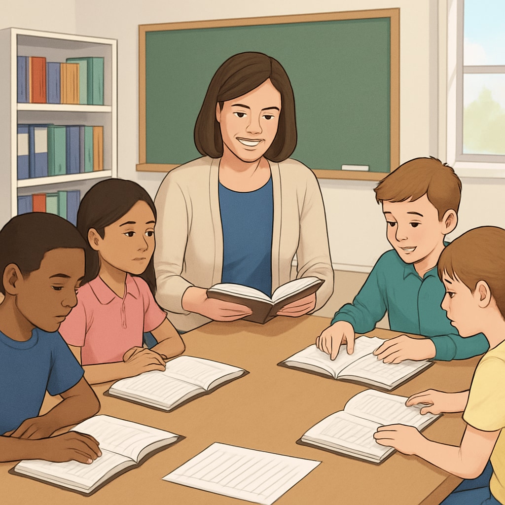 A teacher facilitating a small group reading session with fifth-grade students. The students appear engaged, with books and worksheets spread across the table. Fifth-grade students participating in a small group reading activity, highlighting optimized ELA teaching strategies.