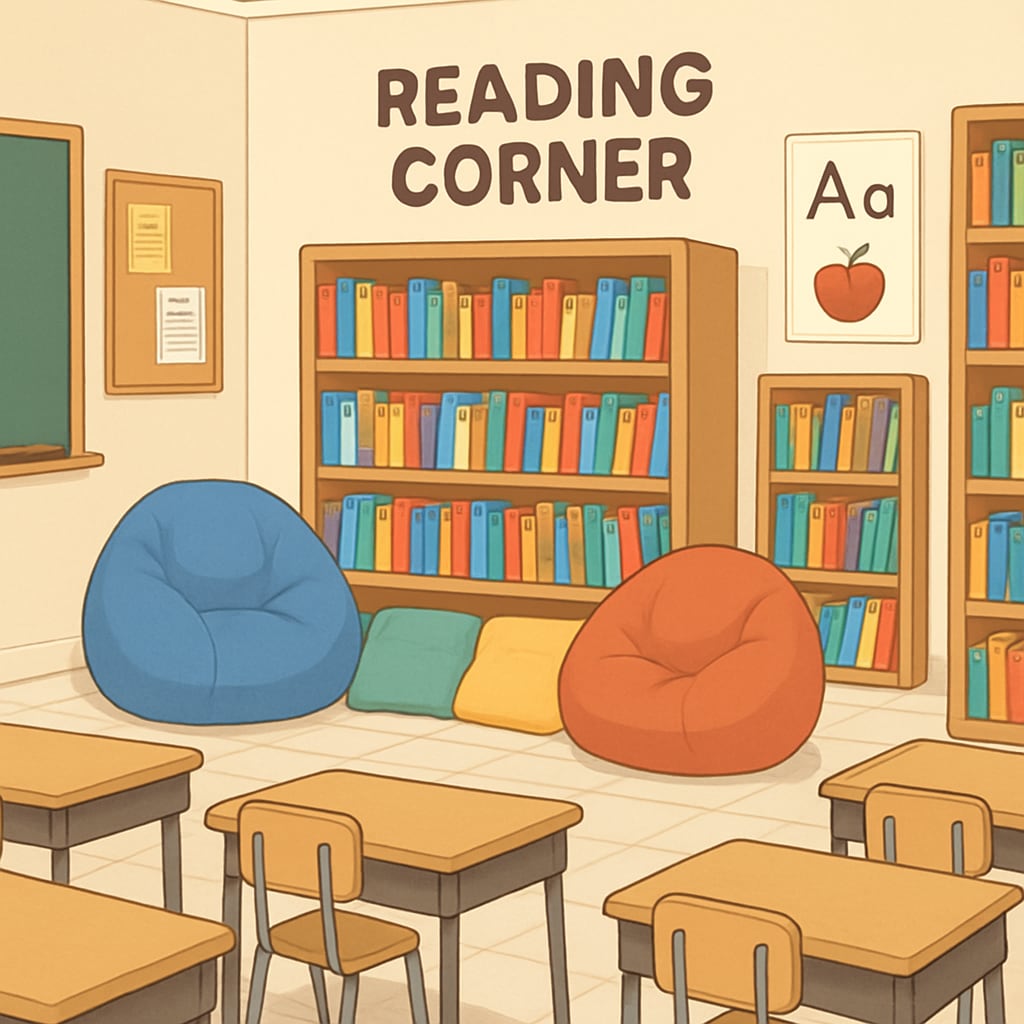 An elementary classroom with a reading corner featuring a variety of books and comfortable seating, designed to encourage independent reading. A fifth-grade classroom reading corner, illustrating ELA teaching strategies for fostering independent reading.