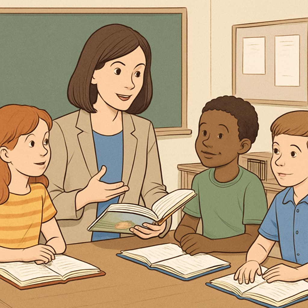 Teacher discussing a book with children, illustrating reading motivation strategies.
