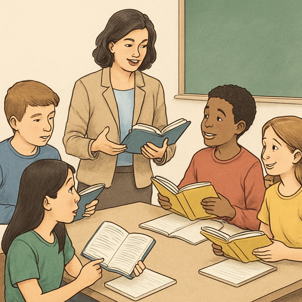 Teacher guiding students in reading comprehension exercise.