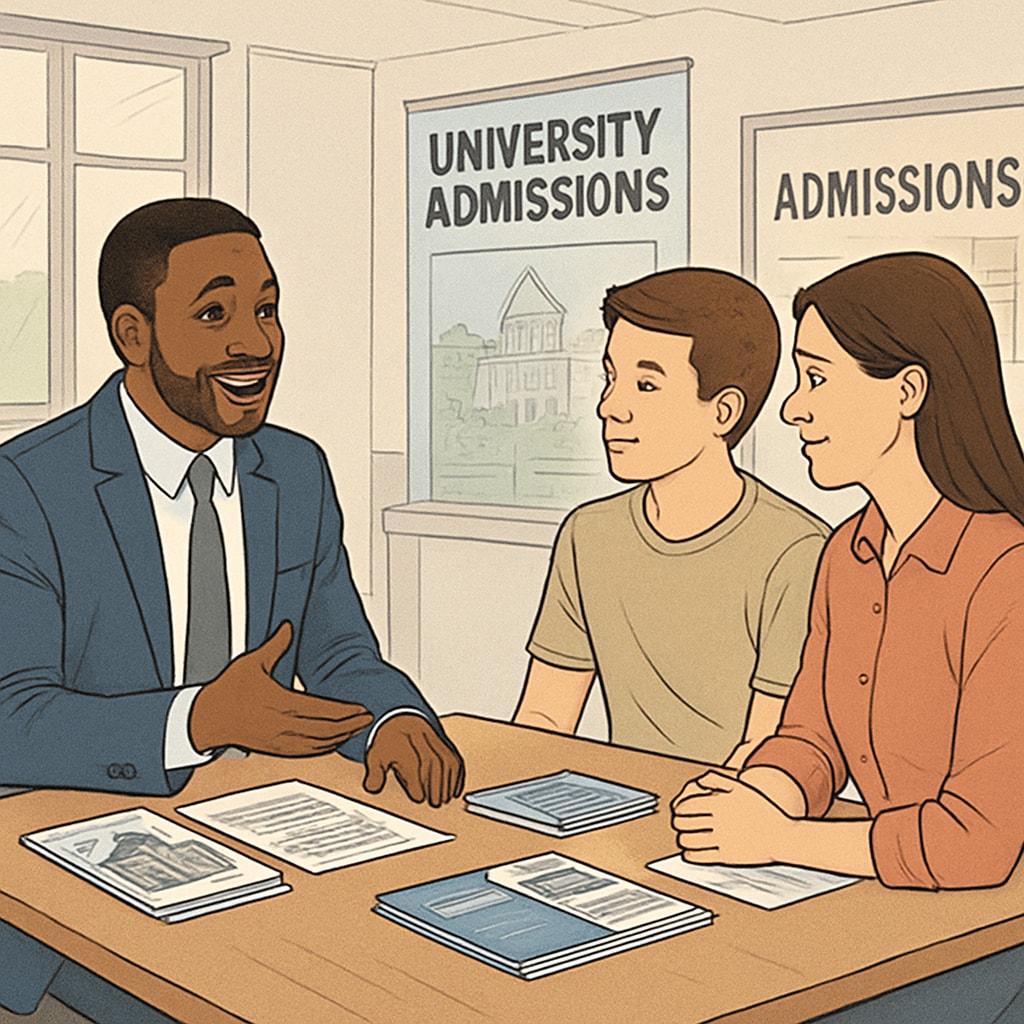 Admissions counselor discussing California University options with a student and parent.