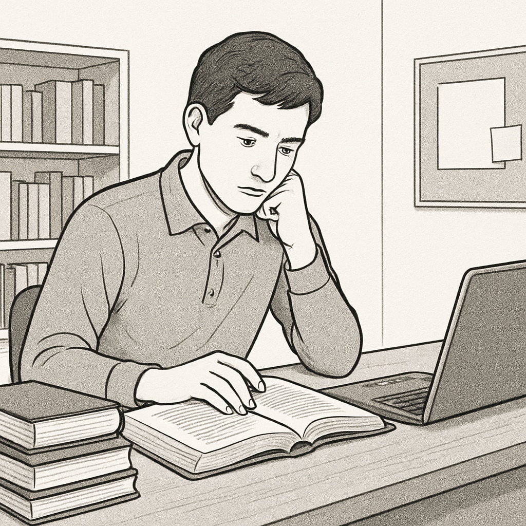 A person sitting at a desk with books and a laptop, focused on self-study. Adult learner rebuilding foundational knowledge through self-study.