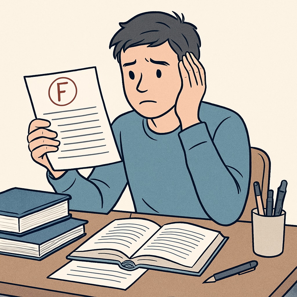 A concerned student looking at their exam results, symbolizing academic stress and self-doubt. A student reviewing exam results, highlighting stress and self-doubt related to GCSE grades.