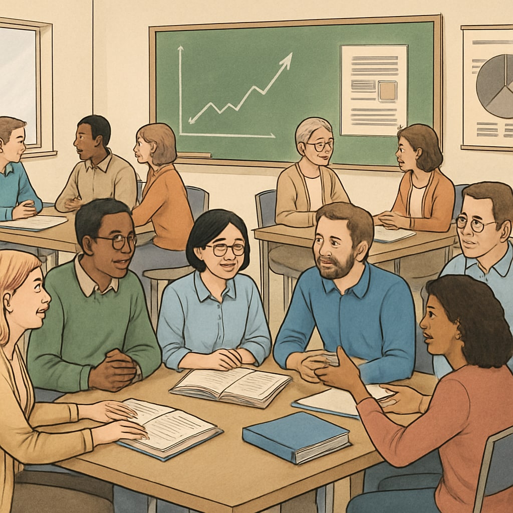 A community classroom setting with adults engaged in active group discussion and learning. Adult learners in a supportive group environment, addressing educational gaps.