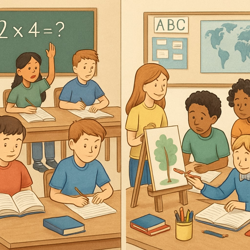 A classroom setting showcasing students engaged in both academic and creative activities, illustrating the contrast between rote learning and holistic approaches. Students in a classroom blending academic and creative activities, reflecting education values.