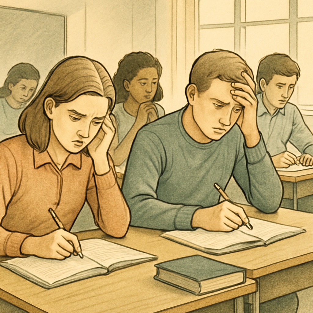 A group of students sitting in a classroom, looking nervous while preparing for exams, representing academic anxiety. Nervous students in a classroom preparing for GCSE exams, highlighting academic anxiety.