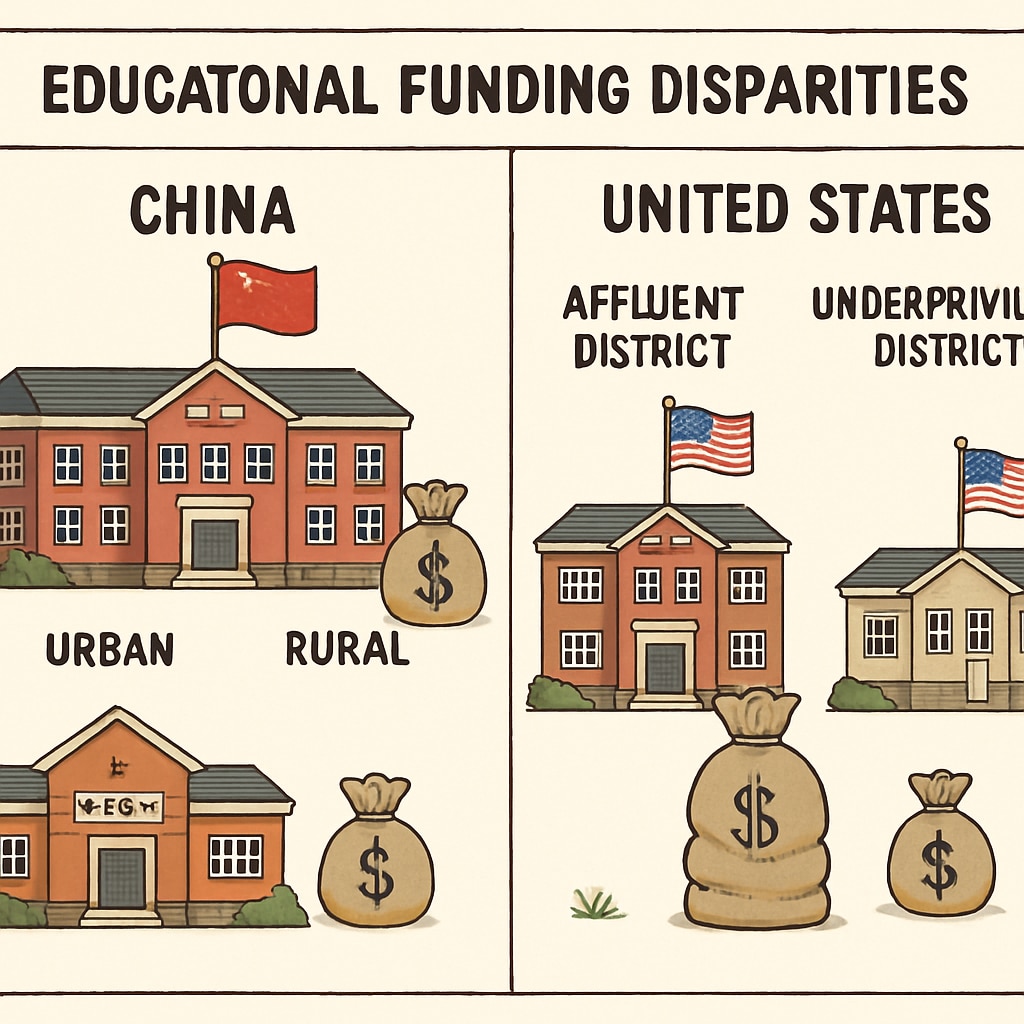 A comparative chart showing educational funding disparities between urban and rural areas in China and affluent versus underprivileged districts in the US. A chart highlighting resource allocation disparities in Chinese and US schools.
