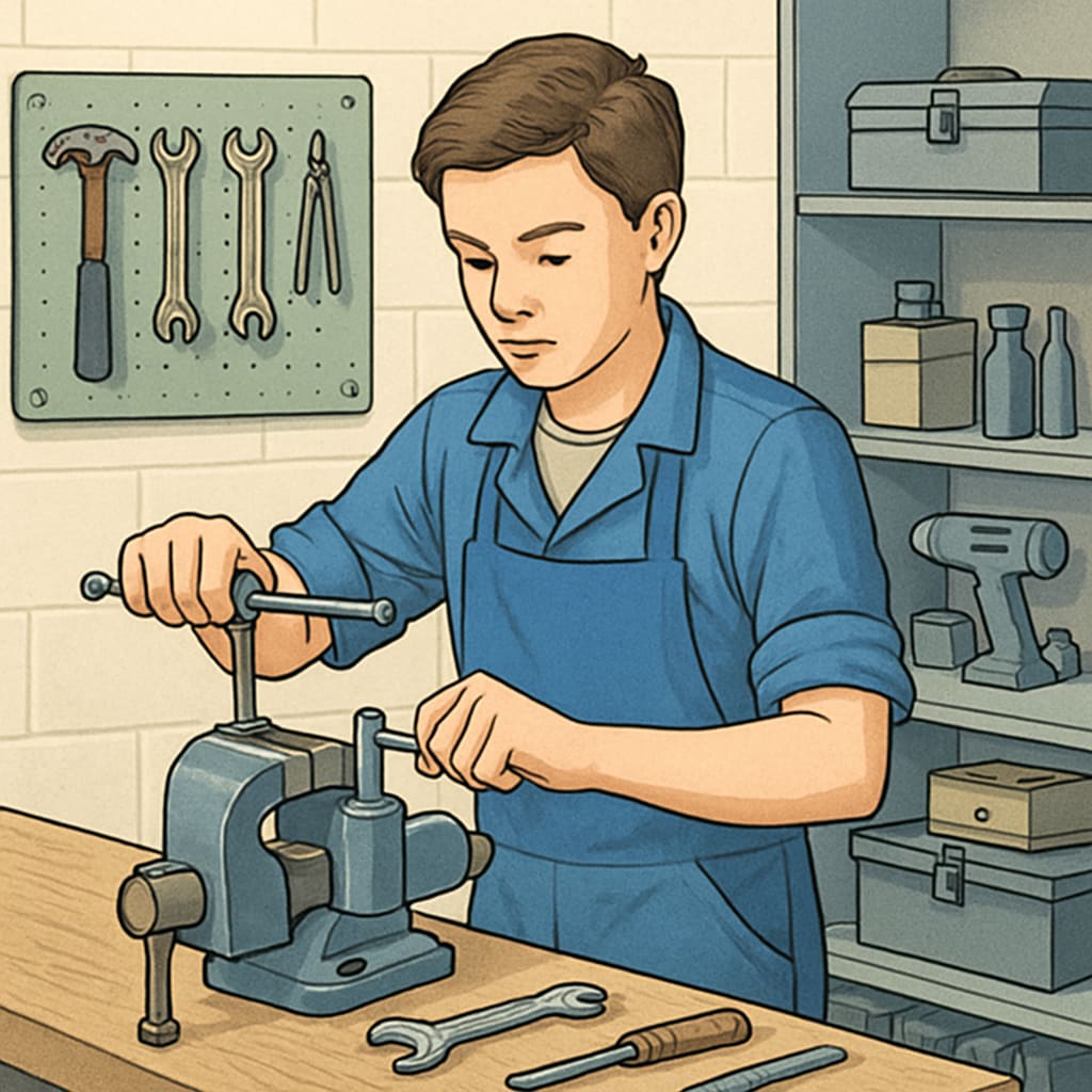 An apprentice learning technical skills in a workshop, showcasing hands-on training as an alternative educational path. Apprentice in workshop learning technical skills as an alternative to academic-focused education.