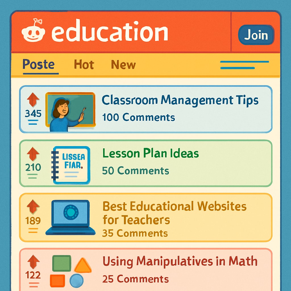 A vibrant screenshot of a Reddit education subreddit showing active discussions and posts about teaching resources. A screenshot of Reddit’s education community with threads about teaching resources.