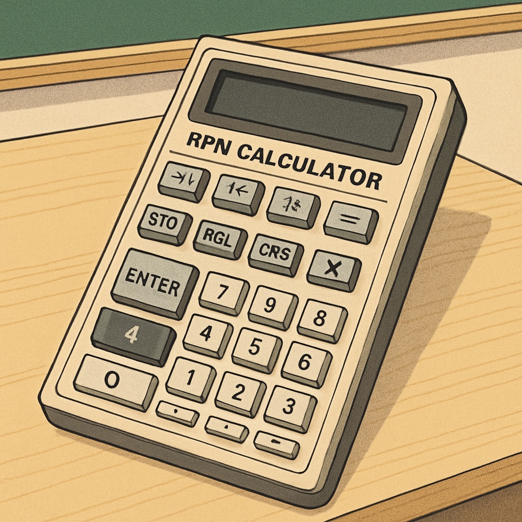 A vintage RPN calculator with buttons labeled for mathematical operations, placed on a classroom desk. The image highlights the unique layout of an RPN calculator. RPN calculator used in math education