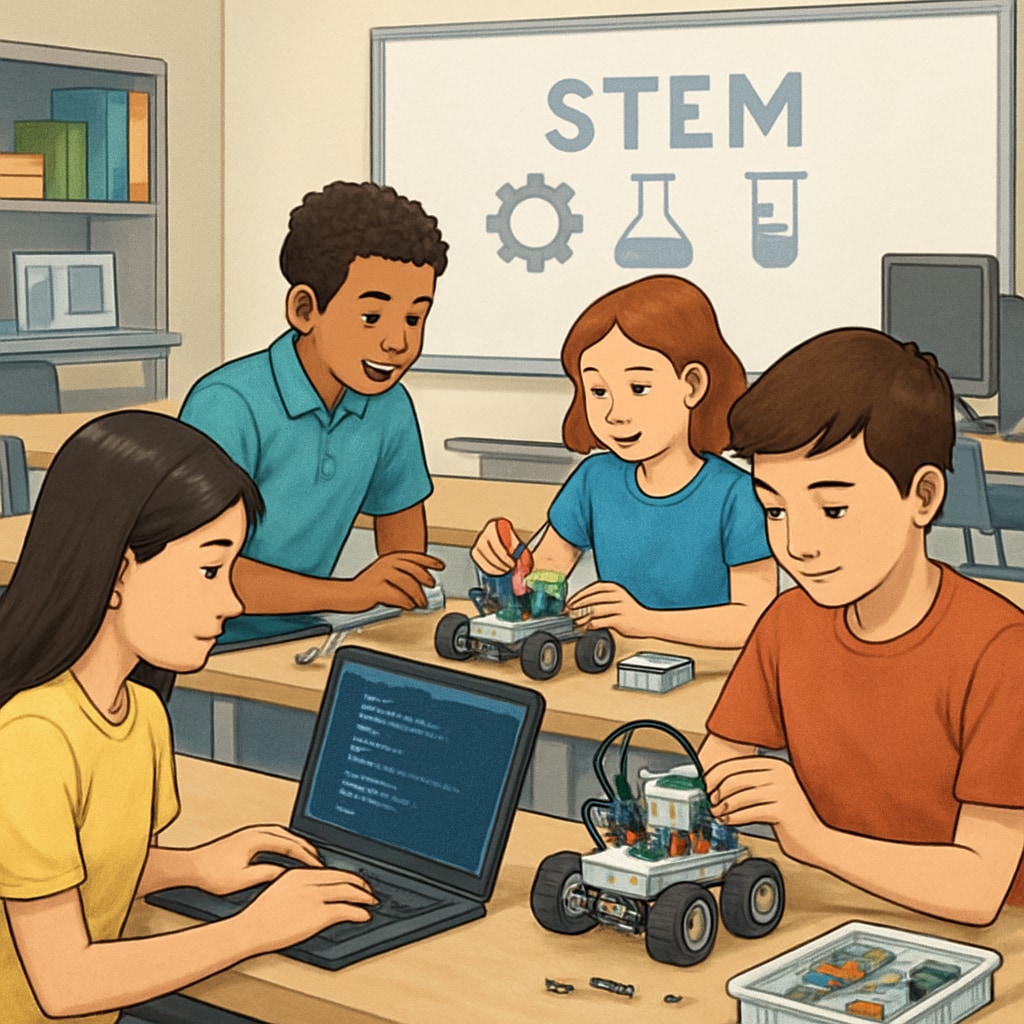 A classroom where students actively participate in STEM activities, such as robotics or computer programming. The image illustrates hands-on learning in a tech-focused environment. Students engaging in STEM education activities in a high school classroom.