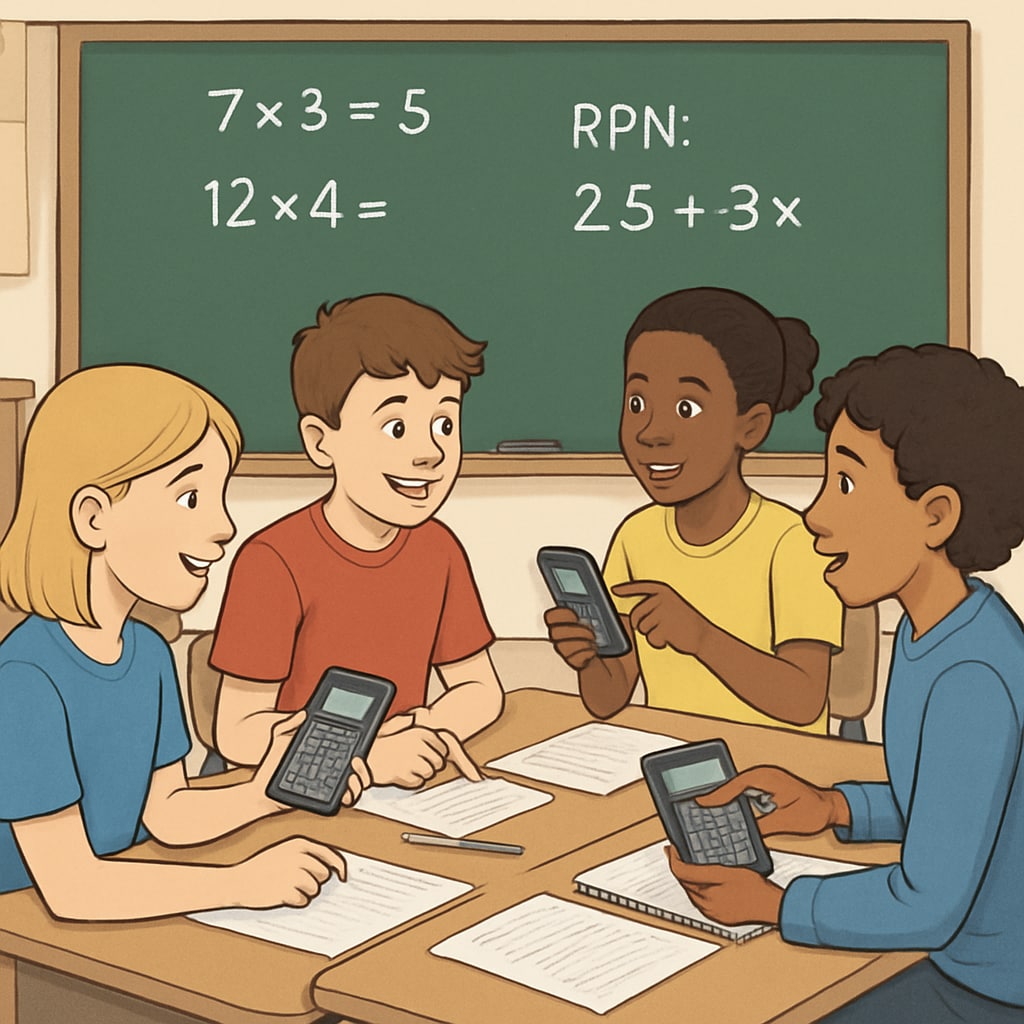 Students actively using RPN calculators during a group math activity in a classroom setting. The image captures active learning and engagement with RPN tools. Students using RPN calculators in a classroom