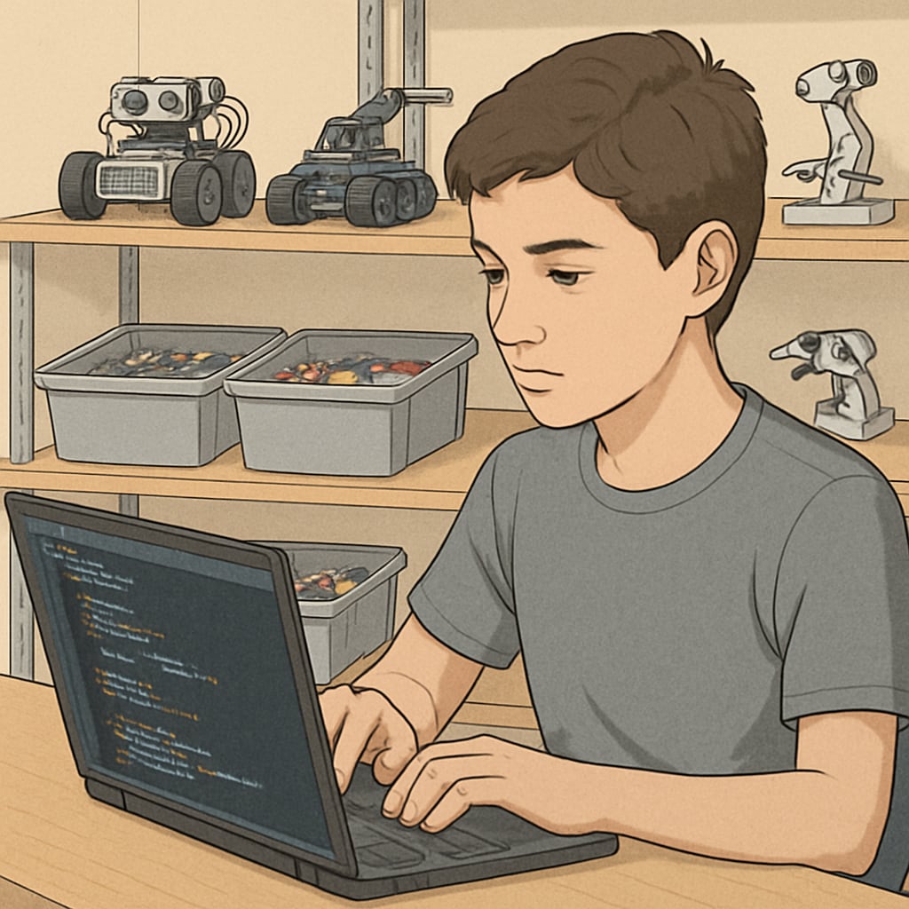 A high school student programming on a laptop as part of a coding club, with robotics kits in the background. High school student participating in a coding club, exploring IT and robotics.