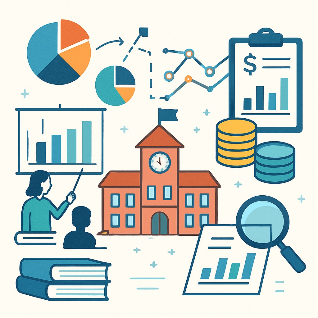 A visually appealing graphic showing the integration of data analytics and financial strategies in K12 schools. A graphic illustrating the synergy of business analytics and finance in K12 education.