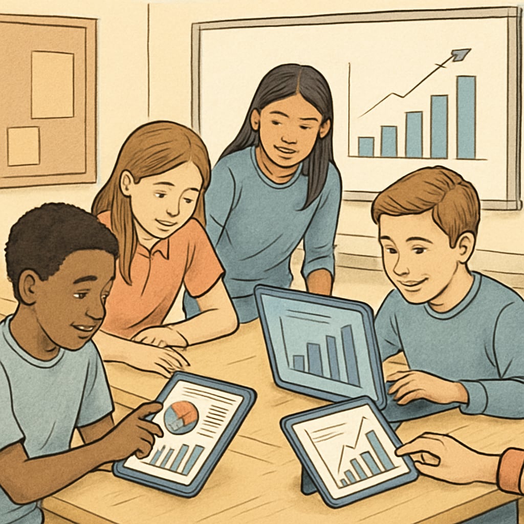 A group of K12 students engaged in a hands-on activity using data visualization tools to learn business analysis skills. K12 students learning business analysis and financial literacy through interactive tools.