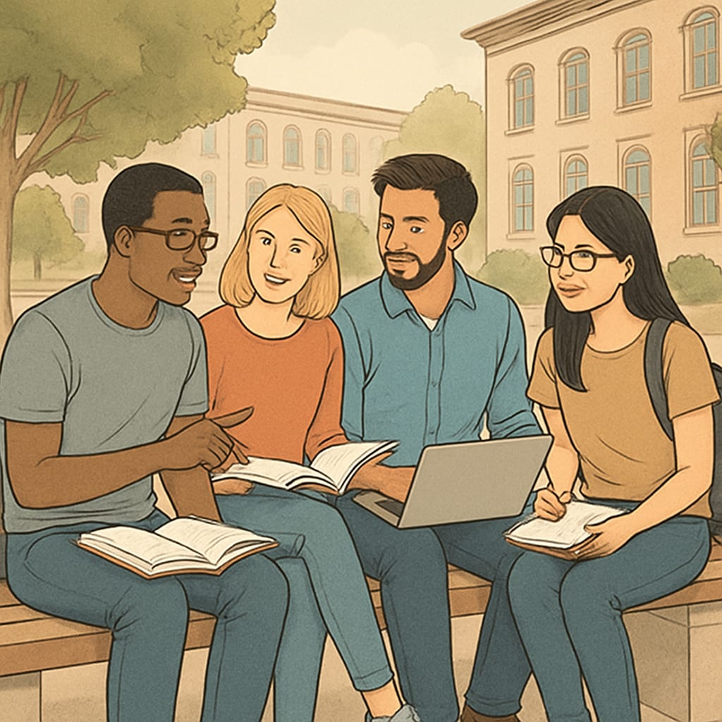 A diverse group of university students discussing coursework on a campus bench. Students discussing AS level university admission and tuition options.