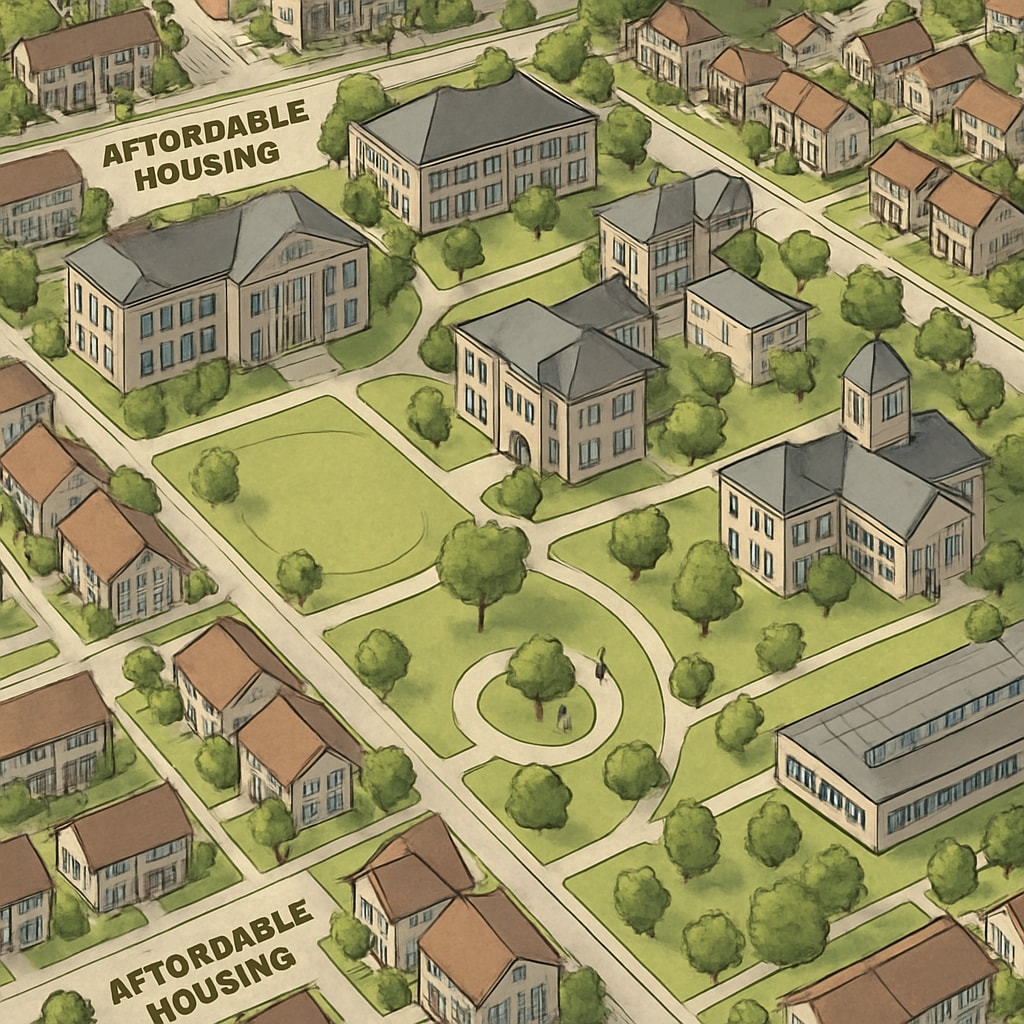 An aerial view of a modern university campus surrounded by affordable housing. A university campus showcasing affordable education opportunities for AS level students.
