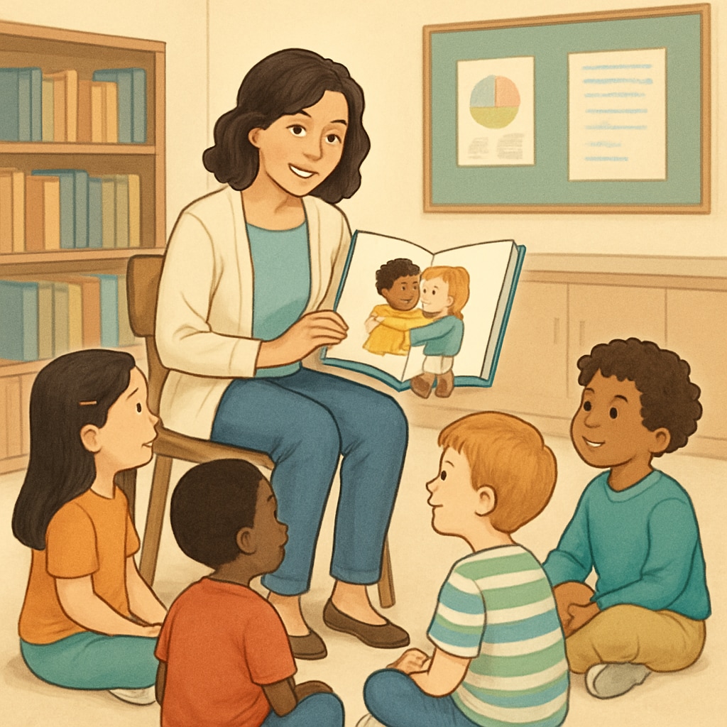 A teacher reading a story about friendship and inclusivity to a group of children, illustrating age-appropriate teaching methods. Teacher reading a story about friendship to children, relevant to first-grade education and inclusivity.