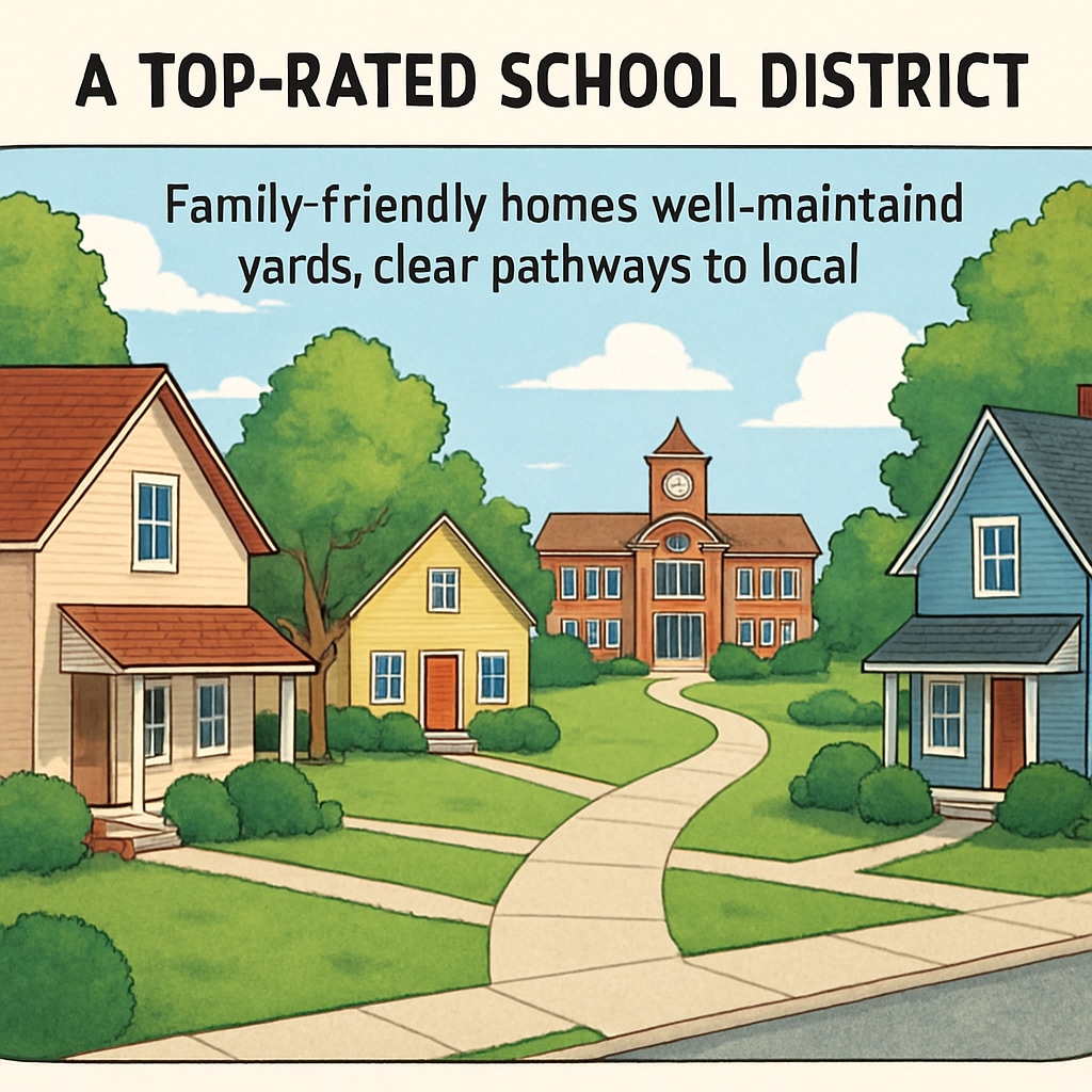 A suburban neighborhood near a top-rated school district, showcasing family-friendly homes and accessibility to local schools. Neighborhood near a top-rated school district, emphasizing family-friendly real estate.