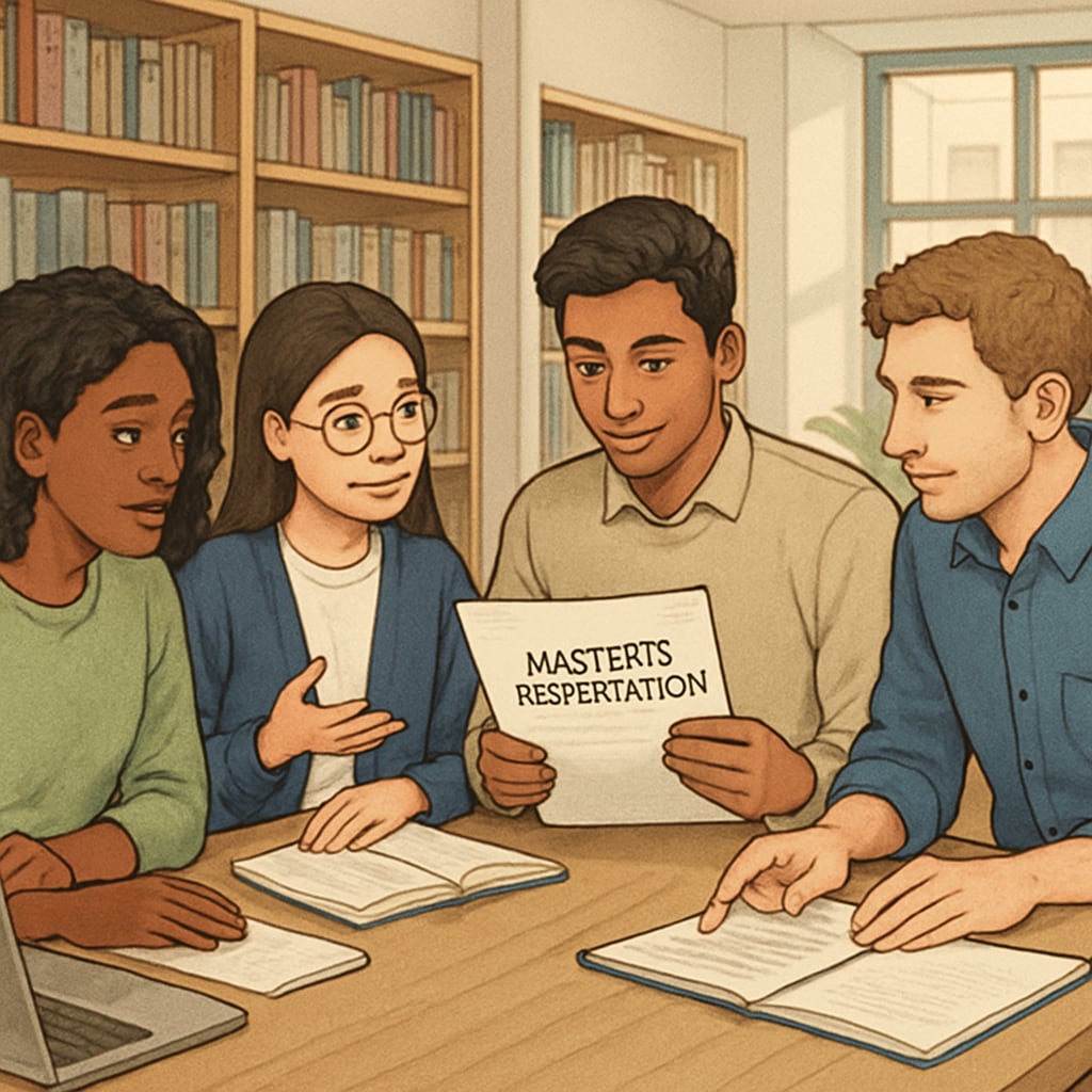 A group of international students discussing their master's dissertation in a university library in the UK. International students discussing UK master's dissertation requirements.