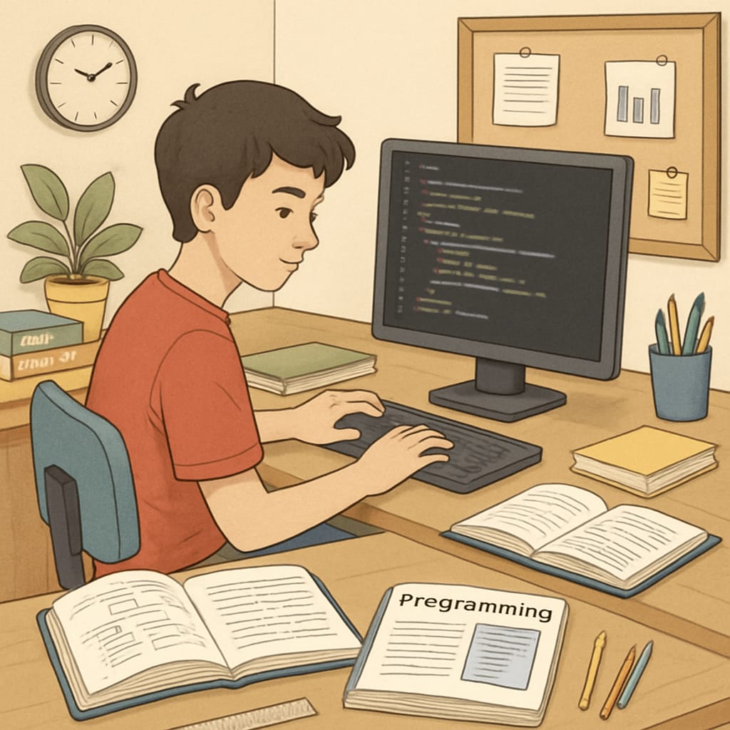 A teenager programming a computer in a creative workspace, surrounded by notebooks and educational resources. The image highlights focus and productivity in learning environments. Teen programming with educational tools, emphasizing motivation and study habits.