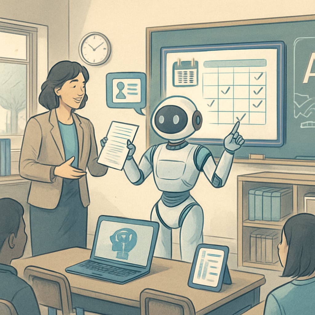 A futuristic classroom setting showing AI tools actively assisting a teacher in managing paperwork and scheduling tasks. AI tools assisting teachers in administrative work to enhance education efficiency