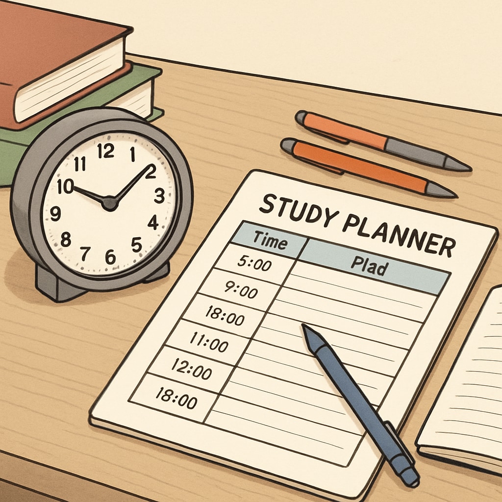 Study planner and clock used for effective time management in physics exam preparation.