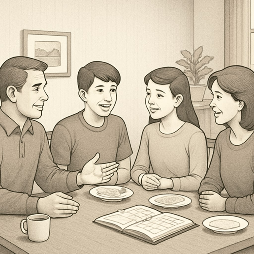 A family engaging in a supportive discussion around a dining table, emphasizing the importance of communication and goal setting for teens. Supportive family discussing teen education and interests at home.