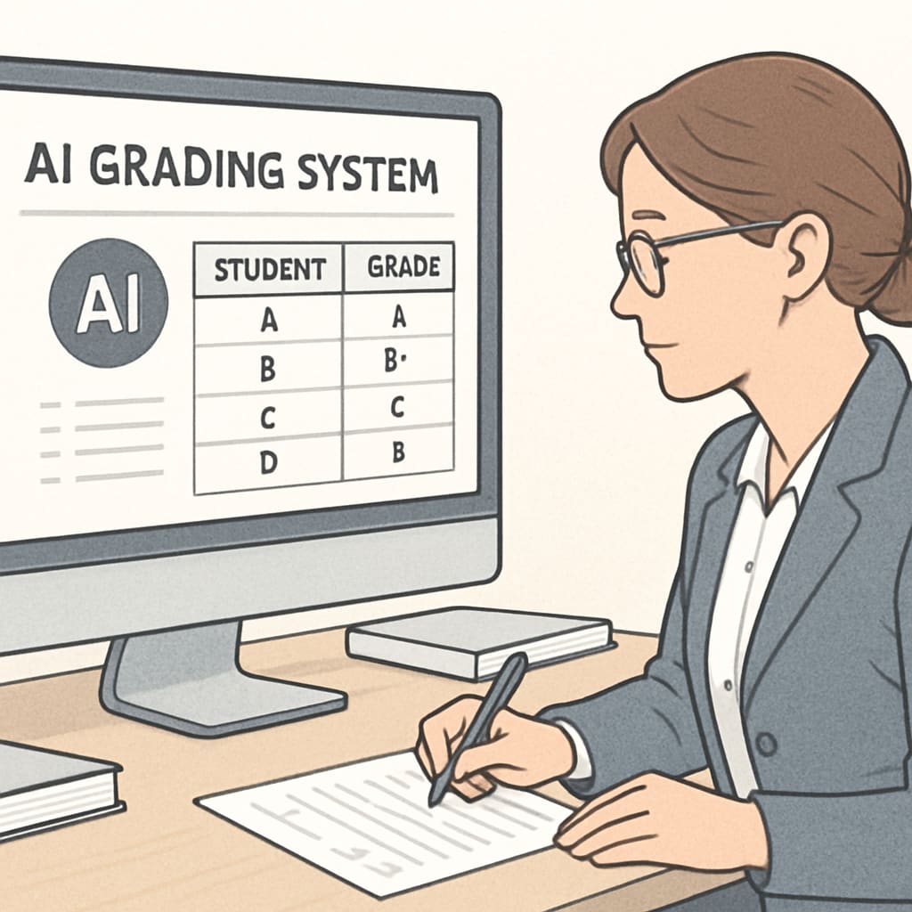 A computer screen displaying an AI grading system with a teacher reviewing the results. AI system grading assignments to reduce teacher workload