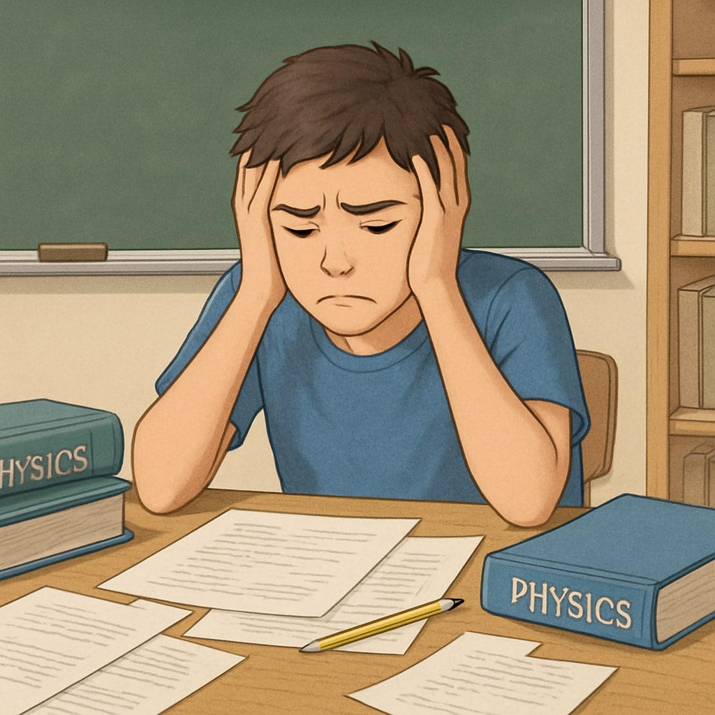 A frustrated high school student surrounded by physics materials, representing the challenges of the grade appeal process.