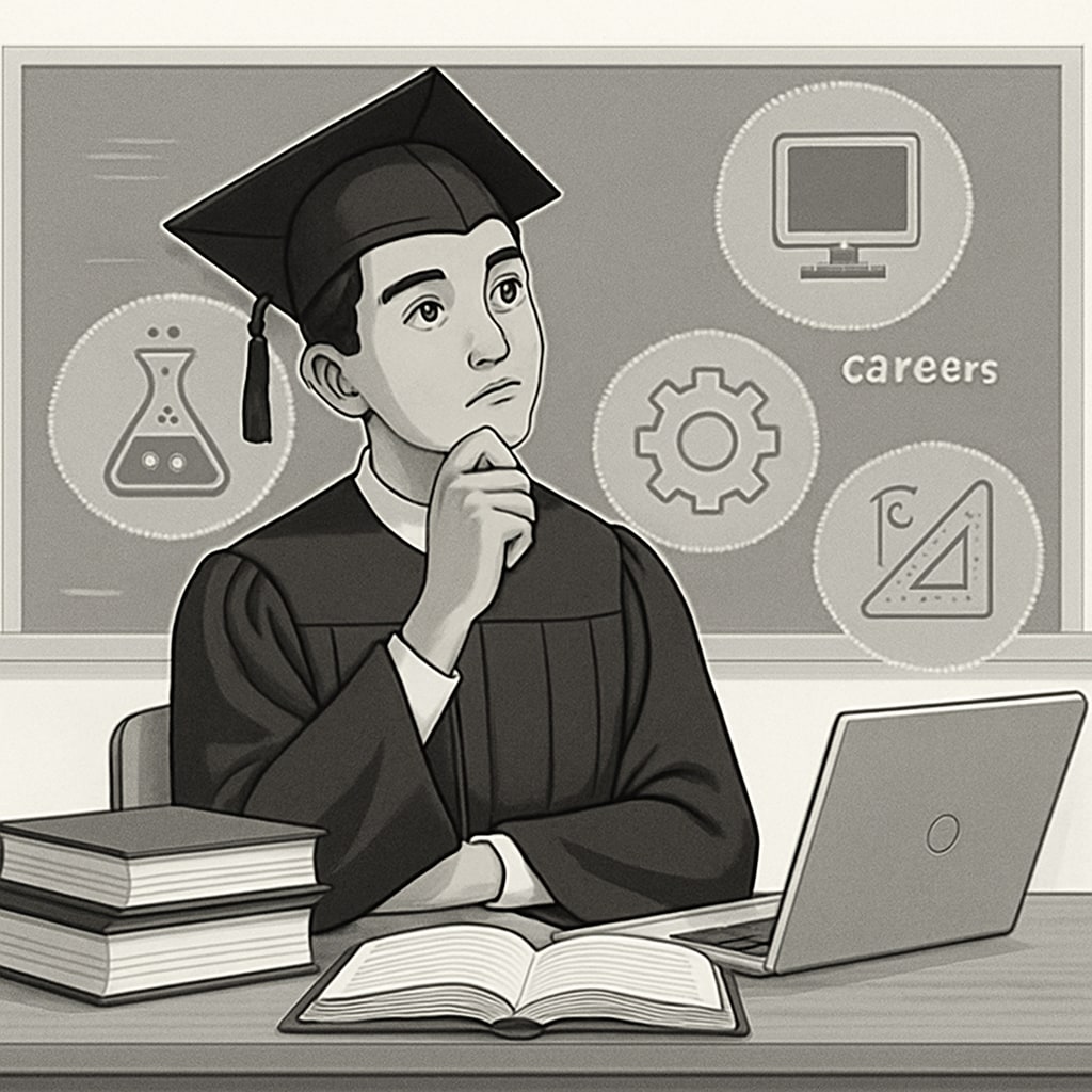 A high school graduate sitting at a desk with books and a laptop, deep in thought about STEM career options. High school graduate considering STEM career choices with books and a laptop.