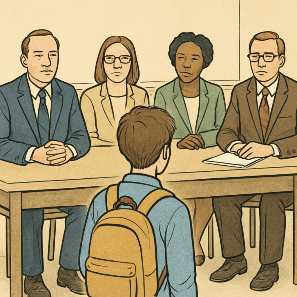 School administrators and a student during a grade appeal meeting, highlighting bureaucratic challenges.
