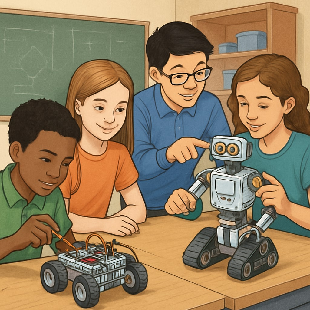 Students participating in a robotics workshop, highlighting hands-on learning in STEM education. Students in a robotics workshop exploring STEM fields.