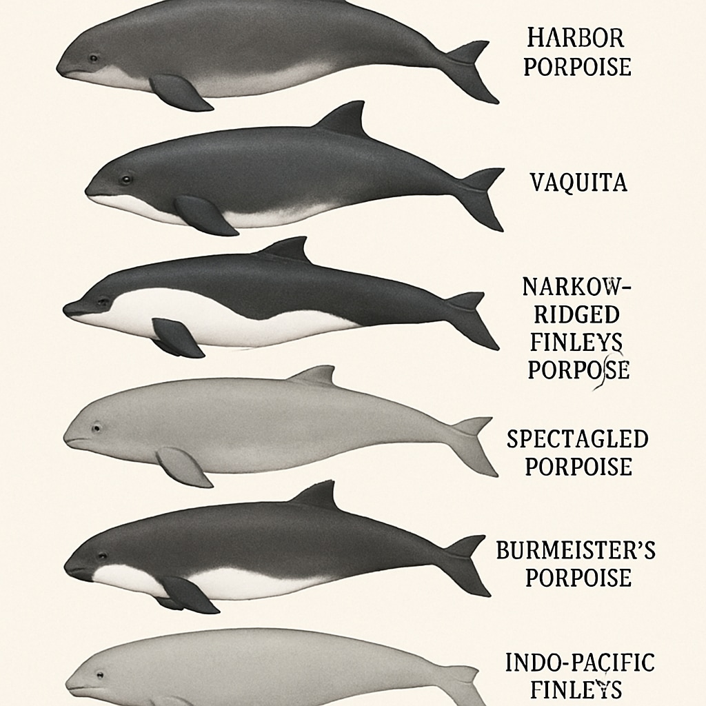 Comparison of seven porpoise species, aiding taxonomy and marine biology education.