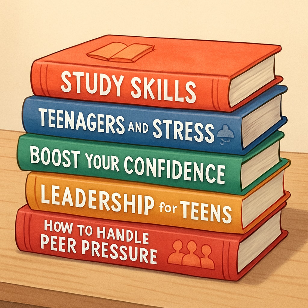 A stack of books featuring educational and self-improvement topics, suitable for teens. Books about learning methods, memory improvement, and study techniques for teens.