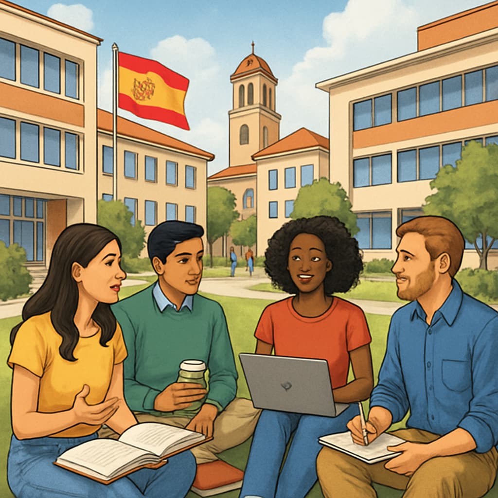 A bustling university campus in Spain with international students engaging in group discussions. International students discussing academic topics on a Spanish university campus.