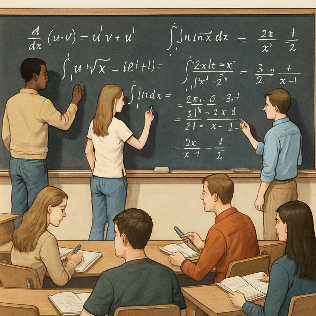 A classroom setting featuring university students solving complex calculus problems on a blackboard. Students solving calculus problems, relevant to biostatistics math courses.