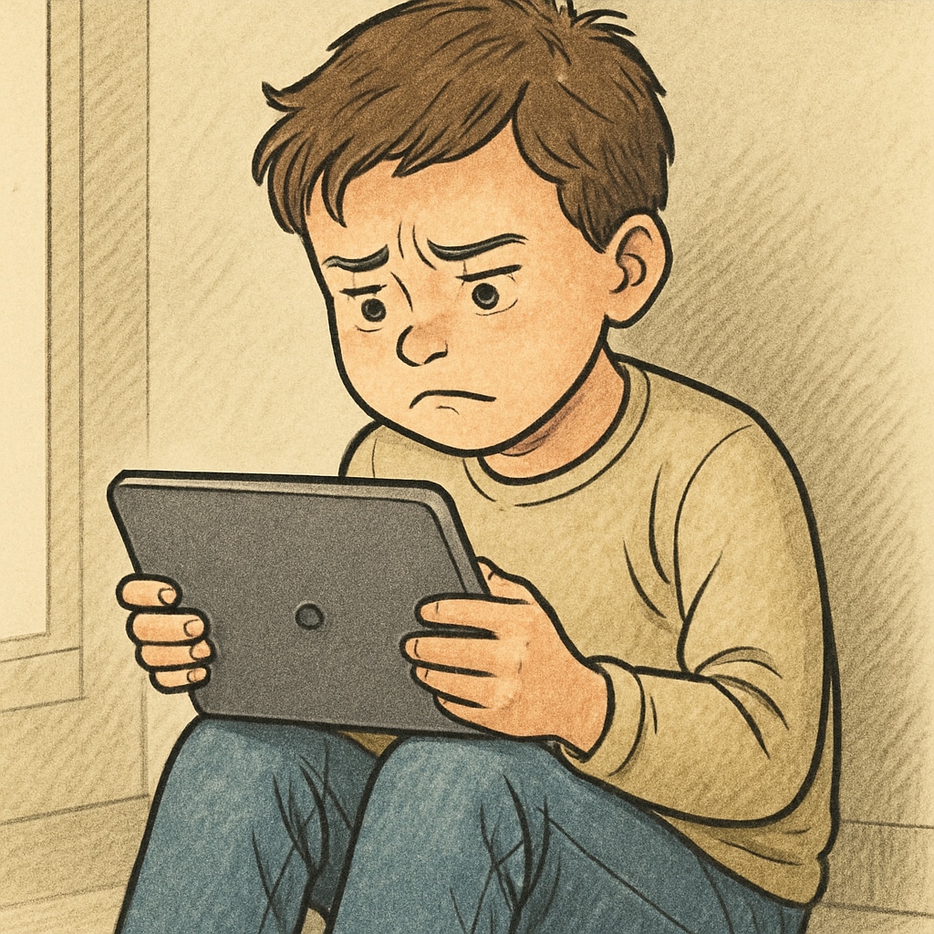 A child sitting alone with a tablet, looking visibly stressed or overwhelmed to highlight the concept of technology addiction. A child affected by technology addiction, representing the negative impact of excessive screen time.