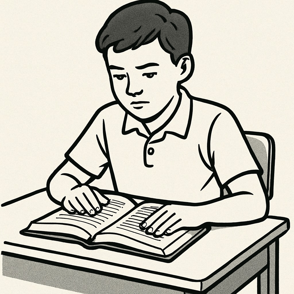 A student reading a book at a desk, with focused expression. Teenager learning methods and memory improvement from study books.