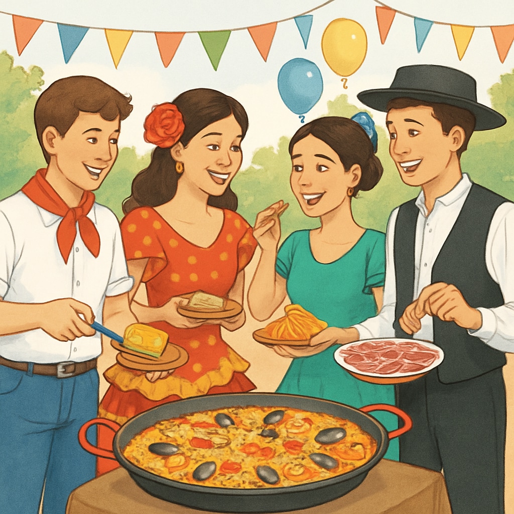 Students participating in a Spanish festival, dressed in colorful attire and enjoying traditional food. Students enjoying cultural activities during a festival in Spain.