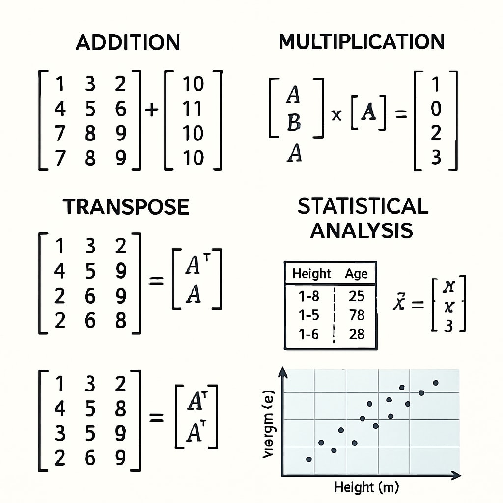 A detailed diagram showcasing matrix operations and their applications in statistical analysis. Matrix operations diagram illustrating their role in Linear Algebra and biostatistics.
