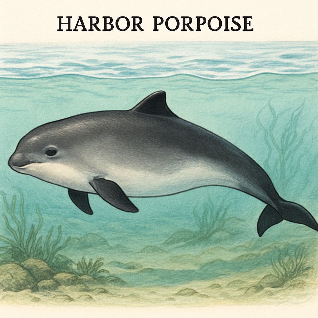 A harbor porpoise swimming gracefully in coastal waters, showcasing its rounded head and small size. Harbor porpoise swimming in coastal waters, highlighting its unique traits for marine biology education.