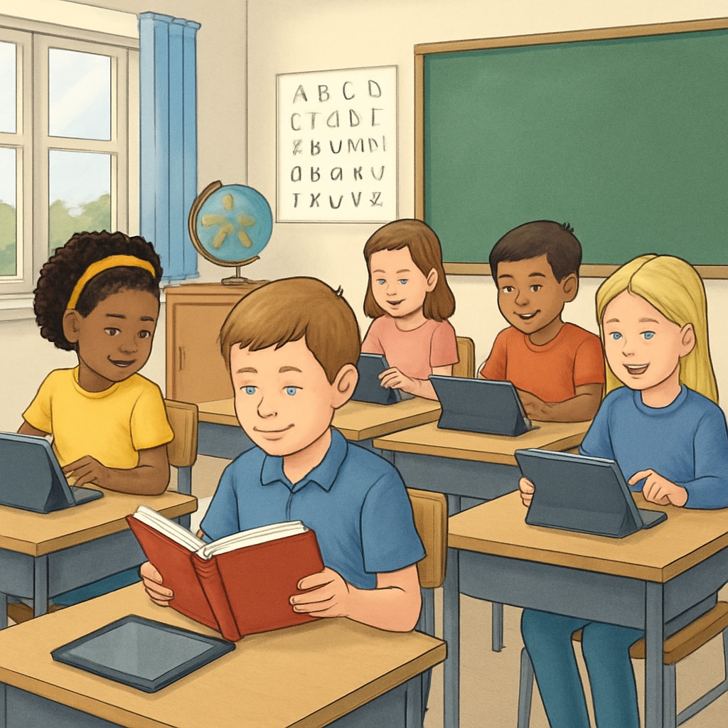 A classroom with students using tablets, contrasted with one student reading a physical book to illustrate the balance between traditional and digital learning methods. A balanced classroom environment showcasing traditional and digital learning methods.