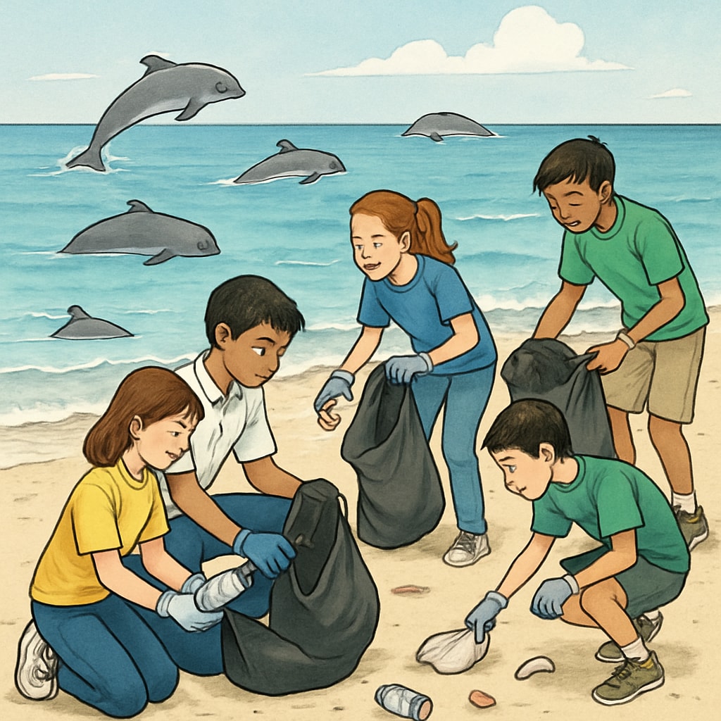 Students engaging in a beach clean-up activity, inspired by lessons about porpoise conservation and marine ecosystems. K12 students participating in environmental conservation inspired by porpoise education.