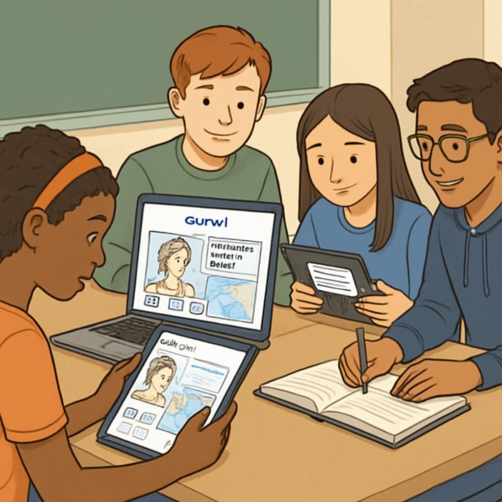 Students using Gurwi app for a collaborative multilingual history project.