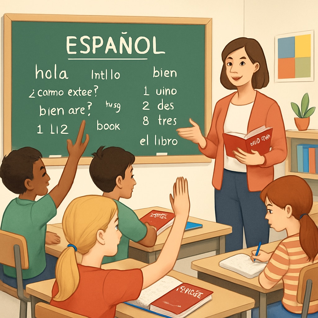 A classroom environment with students learning Spanish, symbolizing early language preparation for studying abroad. Spanish language learning in a classroom for international study preparation.